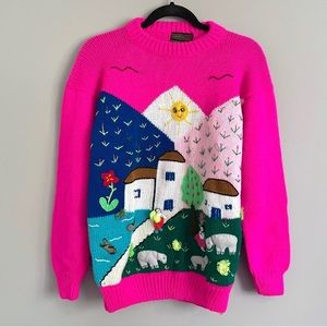Hot Neon Pink Peruvian Wool Kidcore Pullover Sweater - S